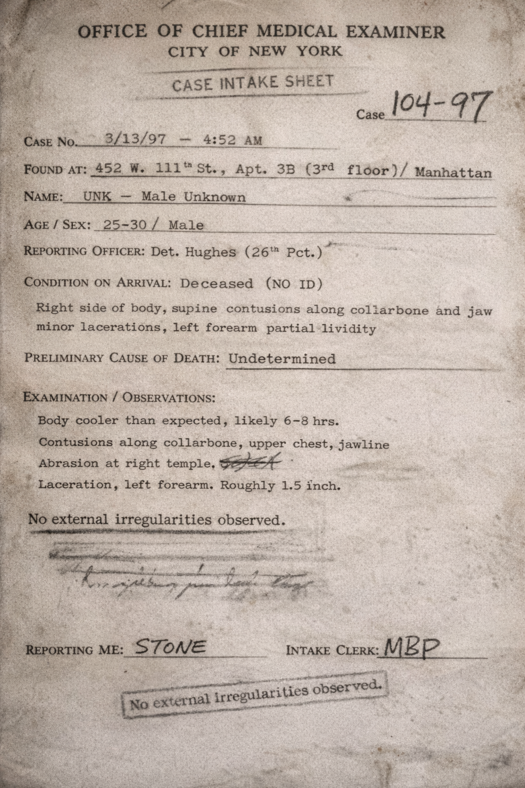 Case 104-97 intake
sheet