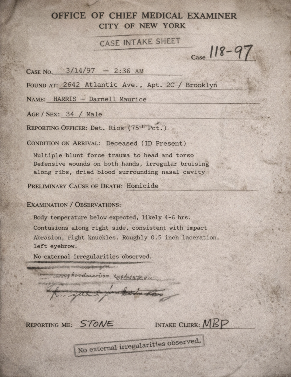 Case 118-97 intake
sheet